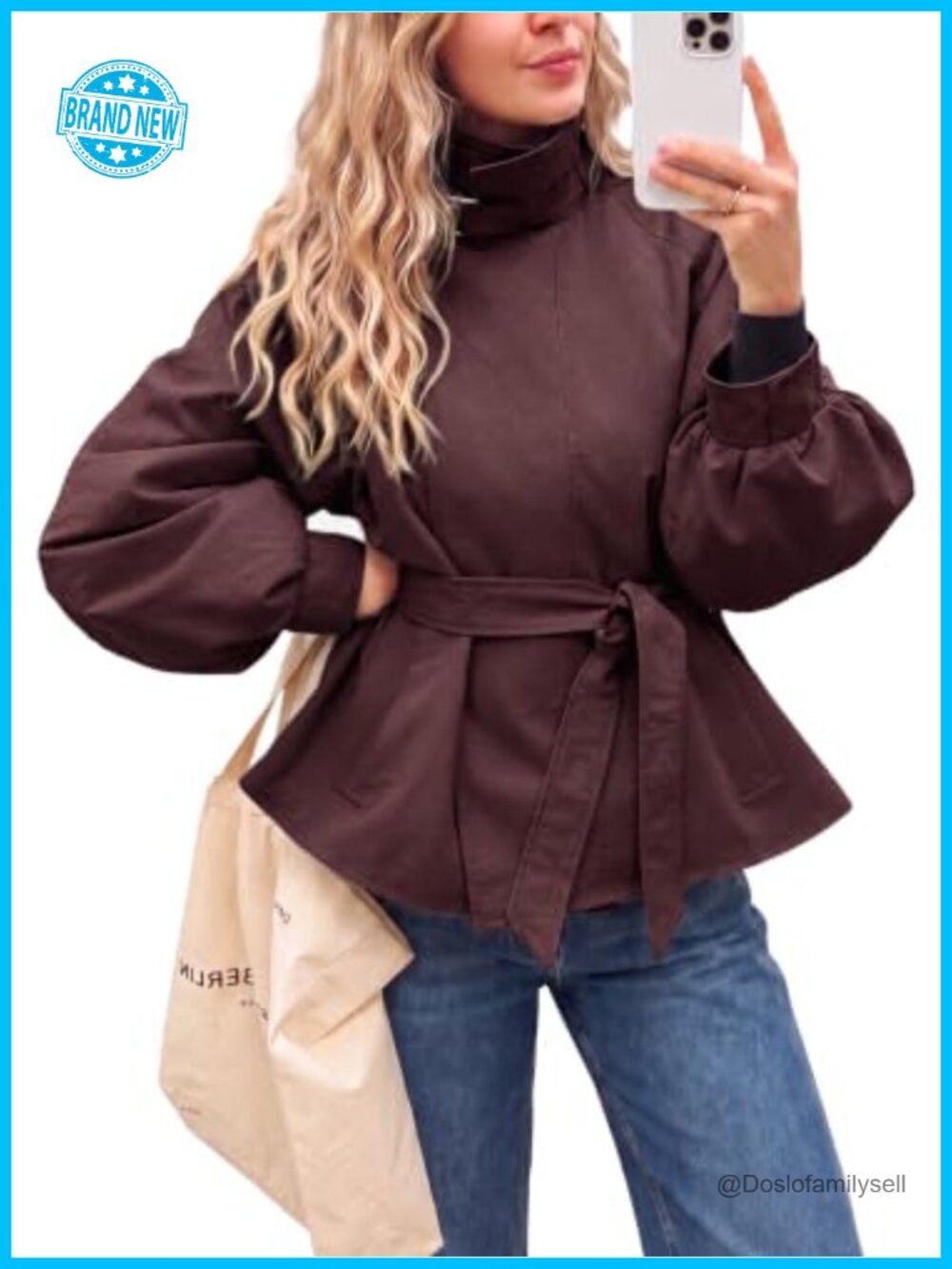 Womens Cropped Trench Coat Lightweight Oversized Lantern Sleeve Jacket